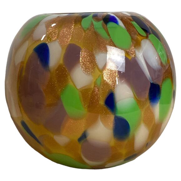 Murano Hand Blown Art Glass Vase 6.25x7" Gold Cased Round Globe Italy - Picture 4 of 8